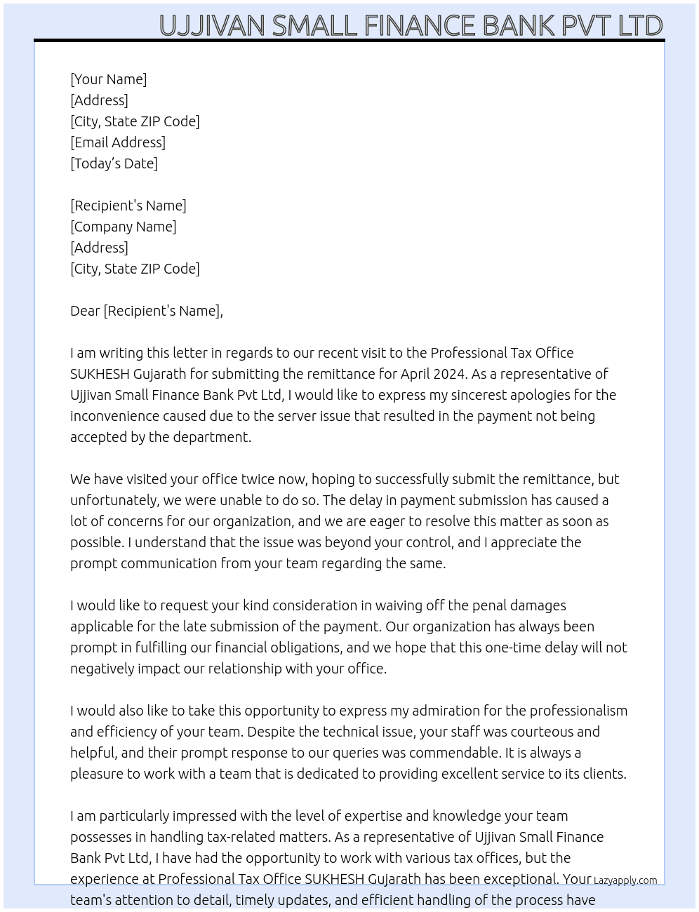 PT Payment for April 2024 At Professional  tax Office SUKHESH Gujarath Cover Letter