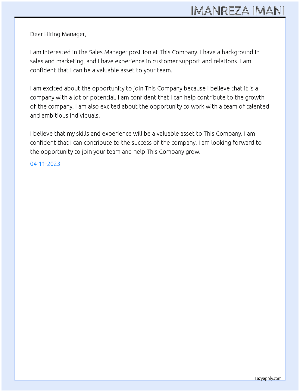 Sales manager At This company Cover Letter