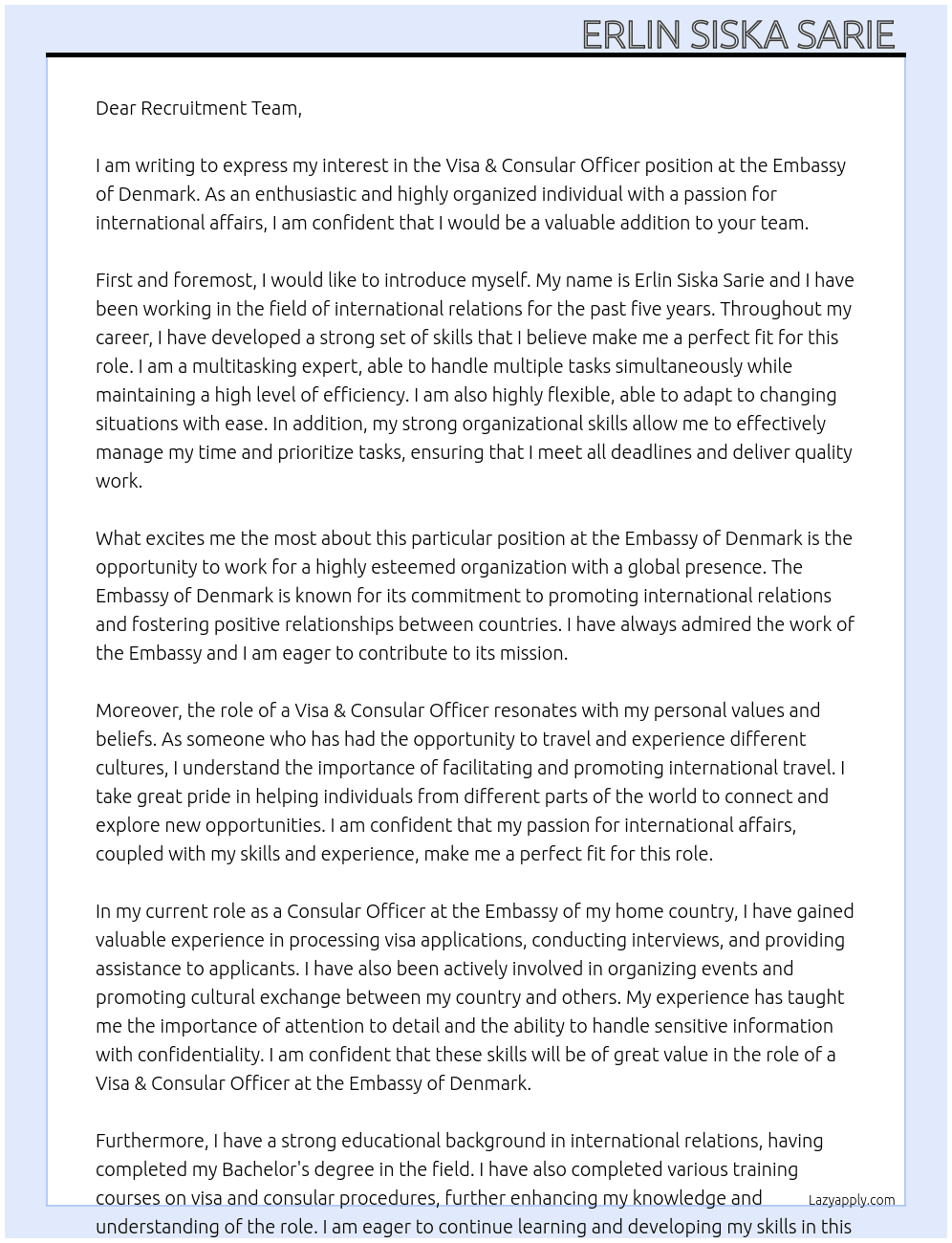 Visa & Consular Officer At Embassy of Denmark Cover Letter