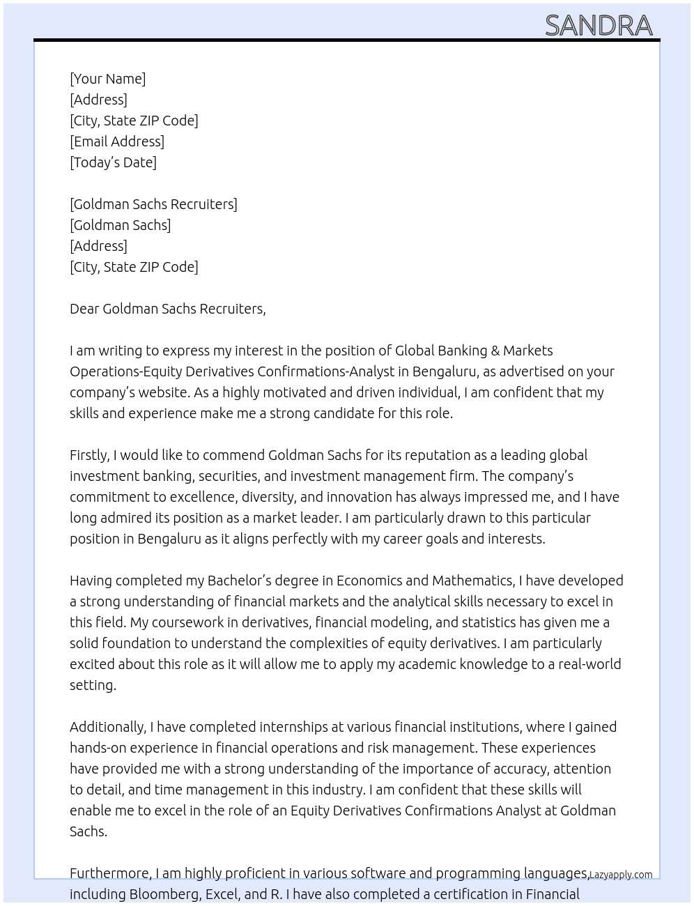 Global Banking & Markets Operations-Equity Derivatives Confirmations-Analyst-Bengaluru At goldmansachs Cover Letter