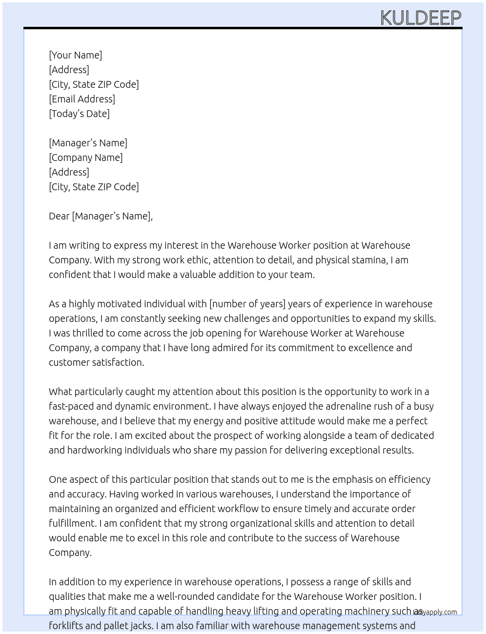 Warehouse worker At Warehouse company Cover Letter
