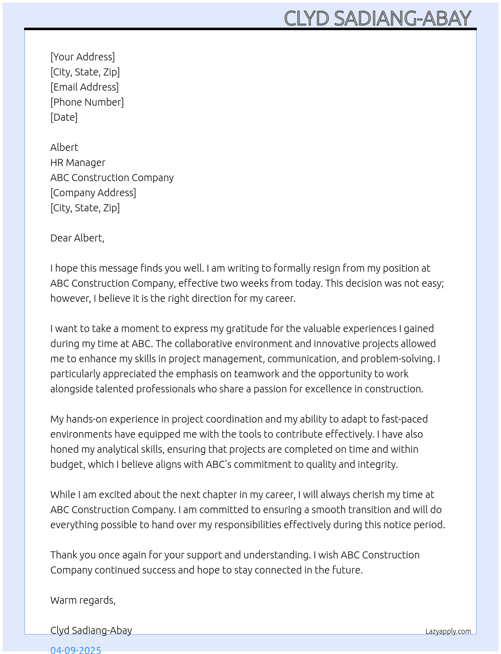 resignation letter  At ABC CONSTRUCTION COMPANY  Cover Letter