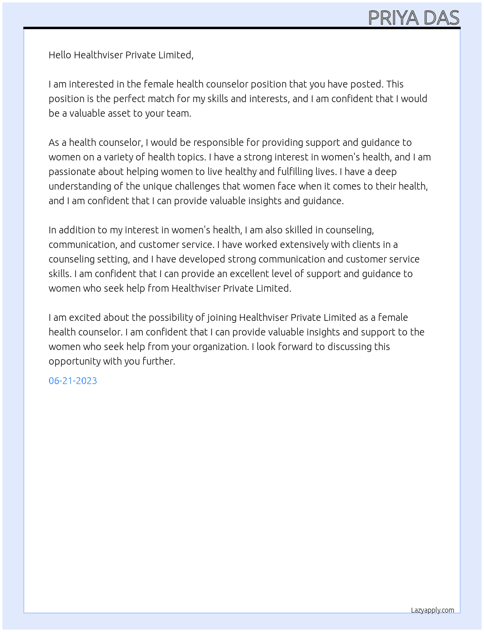 Female health counselor  At Healthviser Private limited  Cover Letter