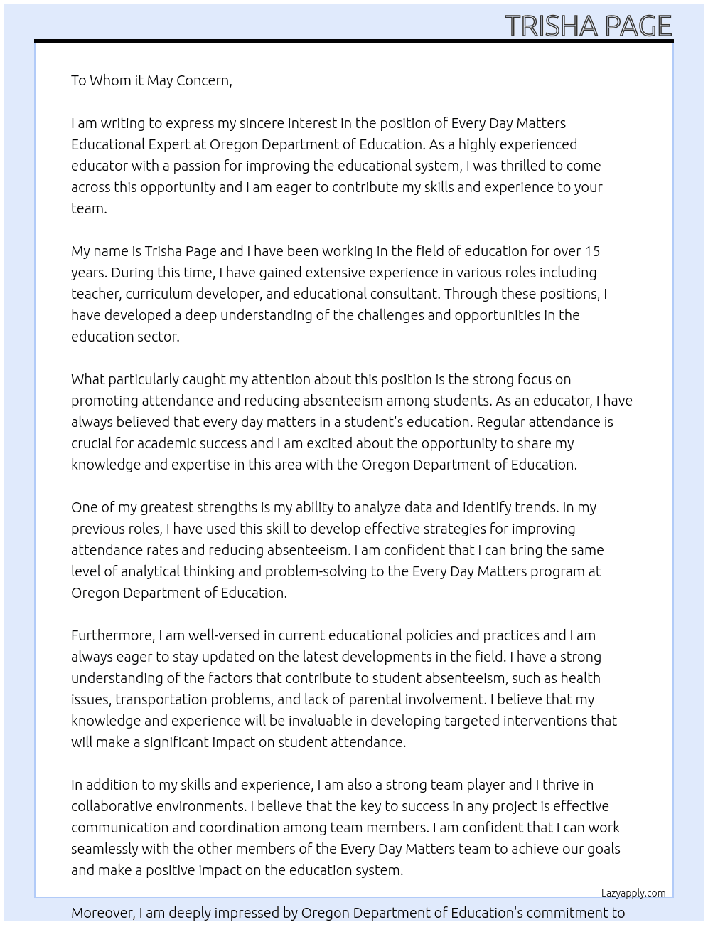 Every Day Matters Educational Expert At Oregon Department of Education Cover Letter