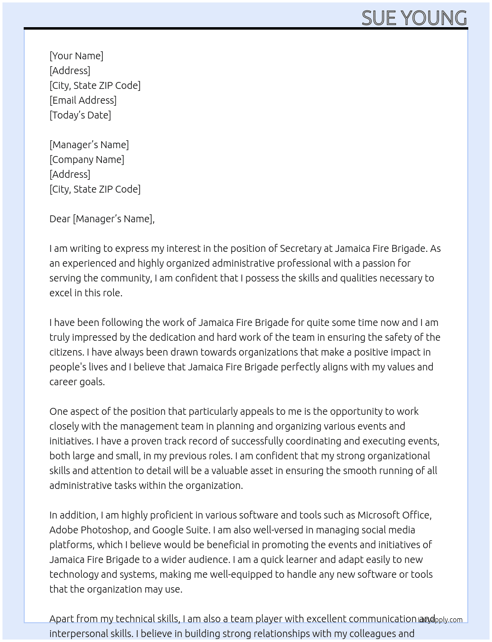 Secretary  At Jamaica Fire Brigade  Cover Letter