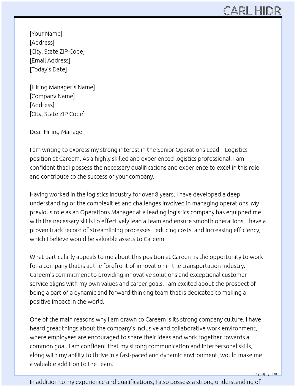 Senior operations lead - logistics At Careem Cover Letter