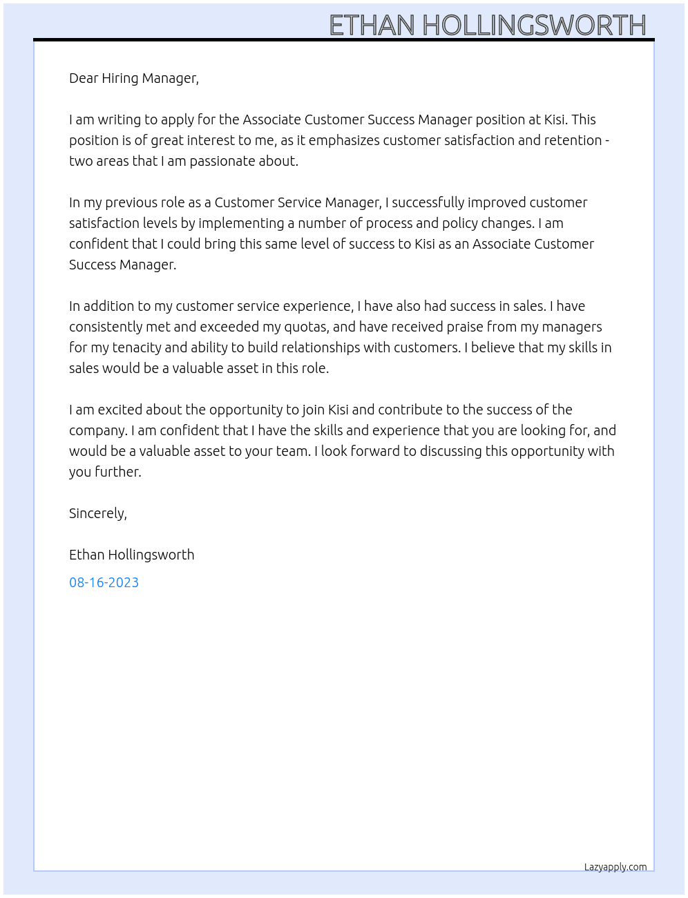 Associate Customer Success Manager At Kisi Cover Letter