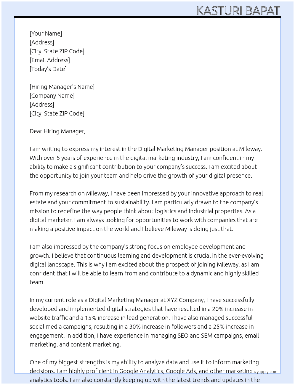 Digital Marketing Manager At Mileway Cover Letter