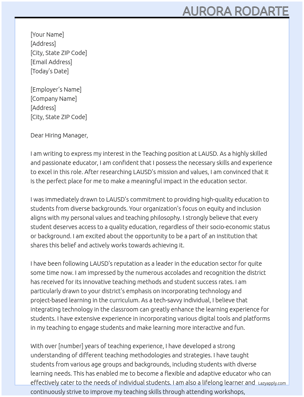 Teaching At LAUSD Cover Letter