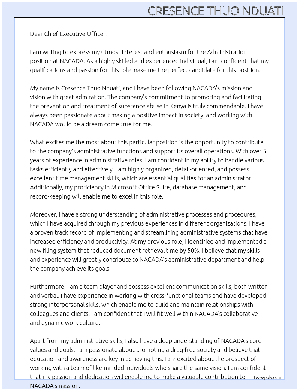 Administration At NACADA Cover Letter