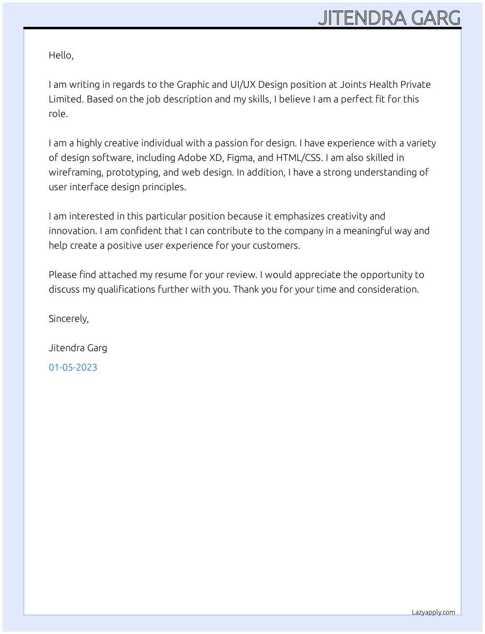 Graphic And UI/UX Design At Joints Health Private Limited Cover Letter