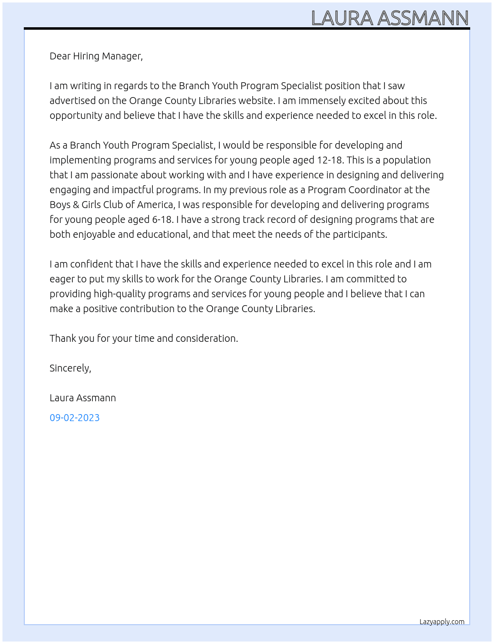 branch youth program specialist At Orange County Libraries Cover Letter