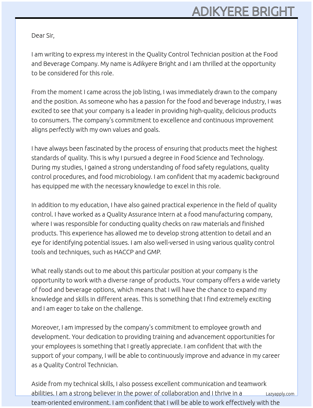 Cover letter for quality control technician - LazyApply