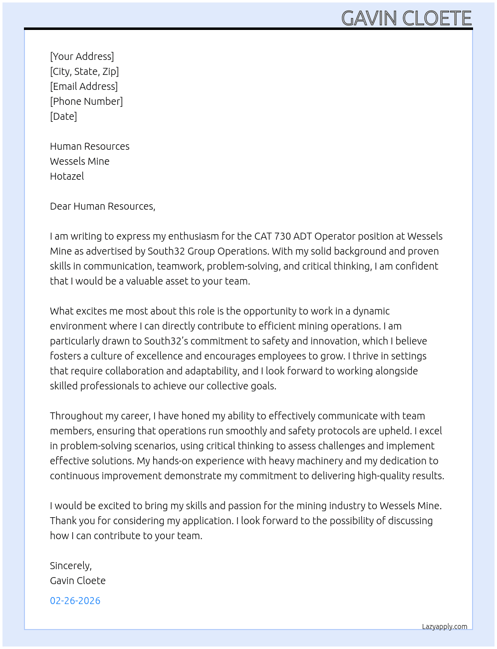 CAT 730 ADT OPERATOR At South  32 Group  Operations  Cover Letter
