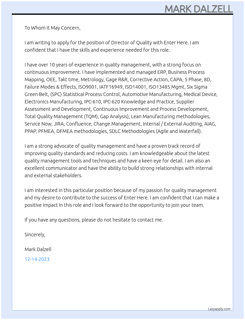 Director of Quality At Enter Here Cover Letter