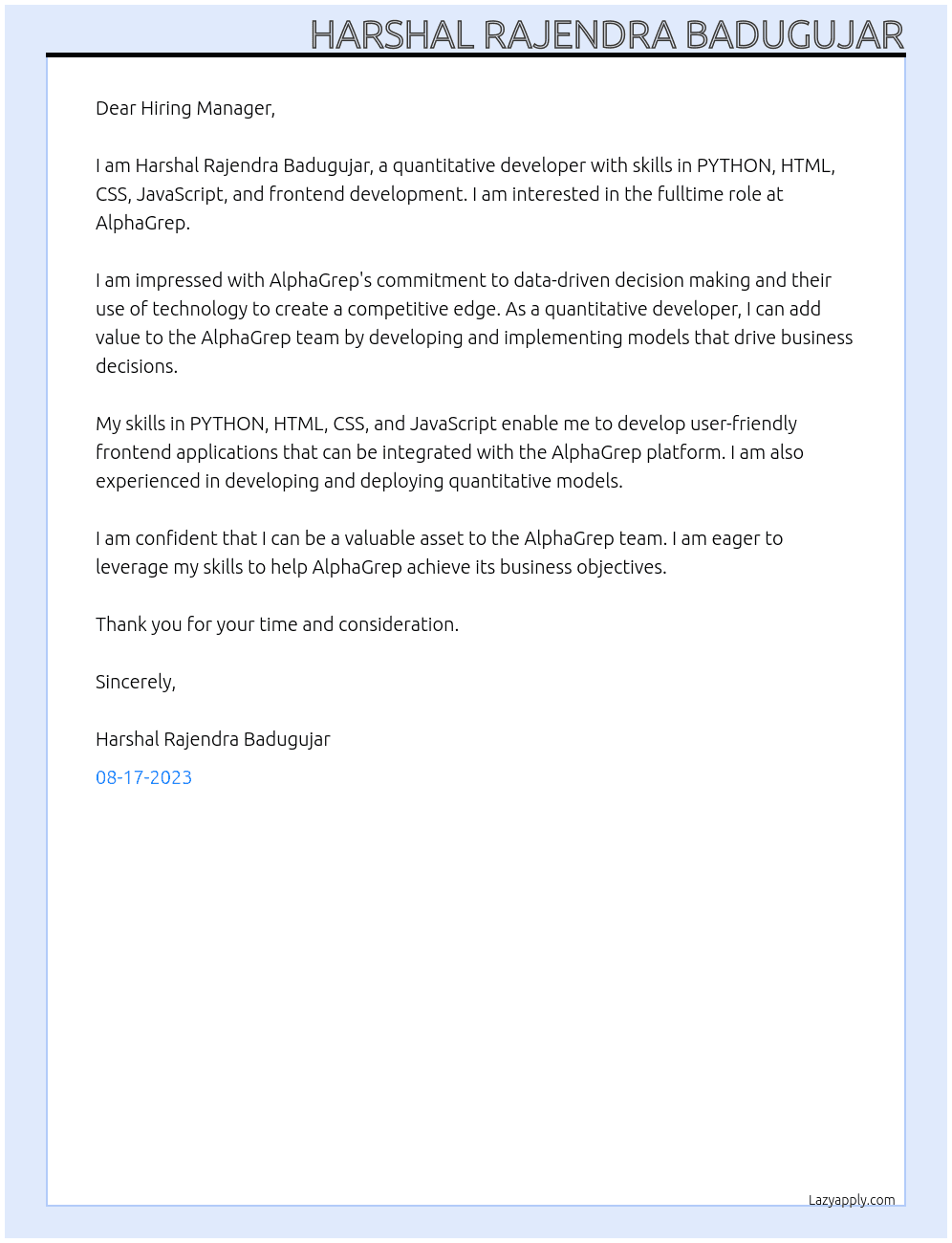Quantitative Developer  At AlphaGrep Cover Letter
