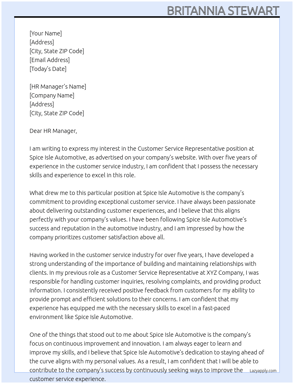 Customer service representative At Spice isle automotive  Cover Letter