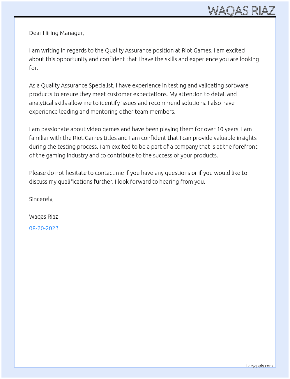 QA At Riot Games Cover Letter