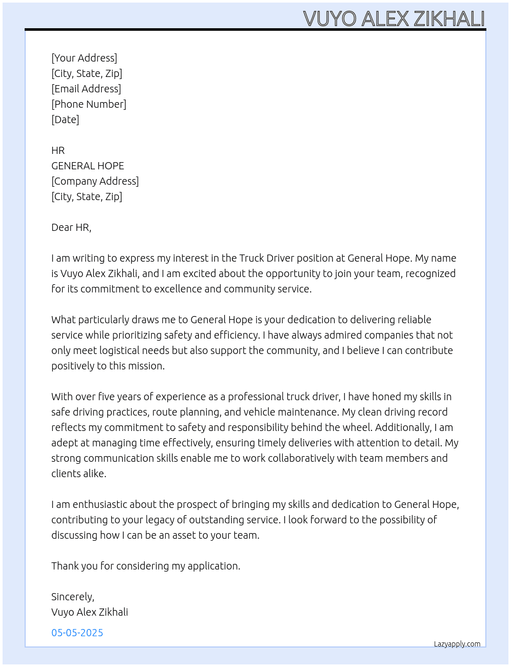 truck diver At GENERAL HOPE Cover Letter