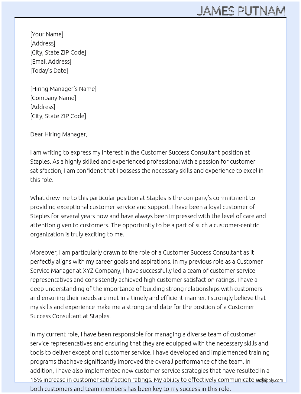 Customer Success Consultant  At Staples Cover Letter