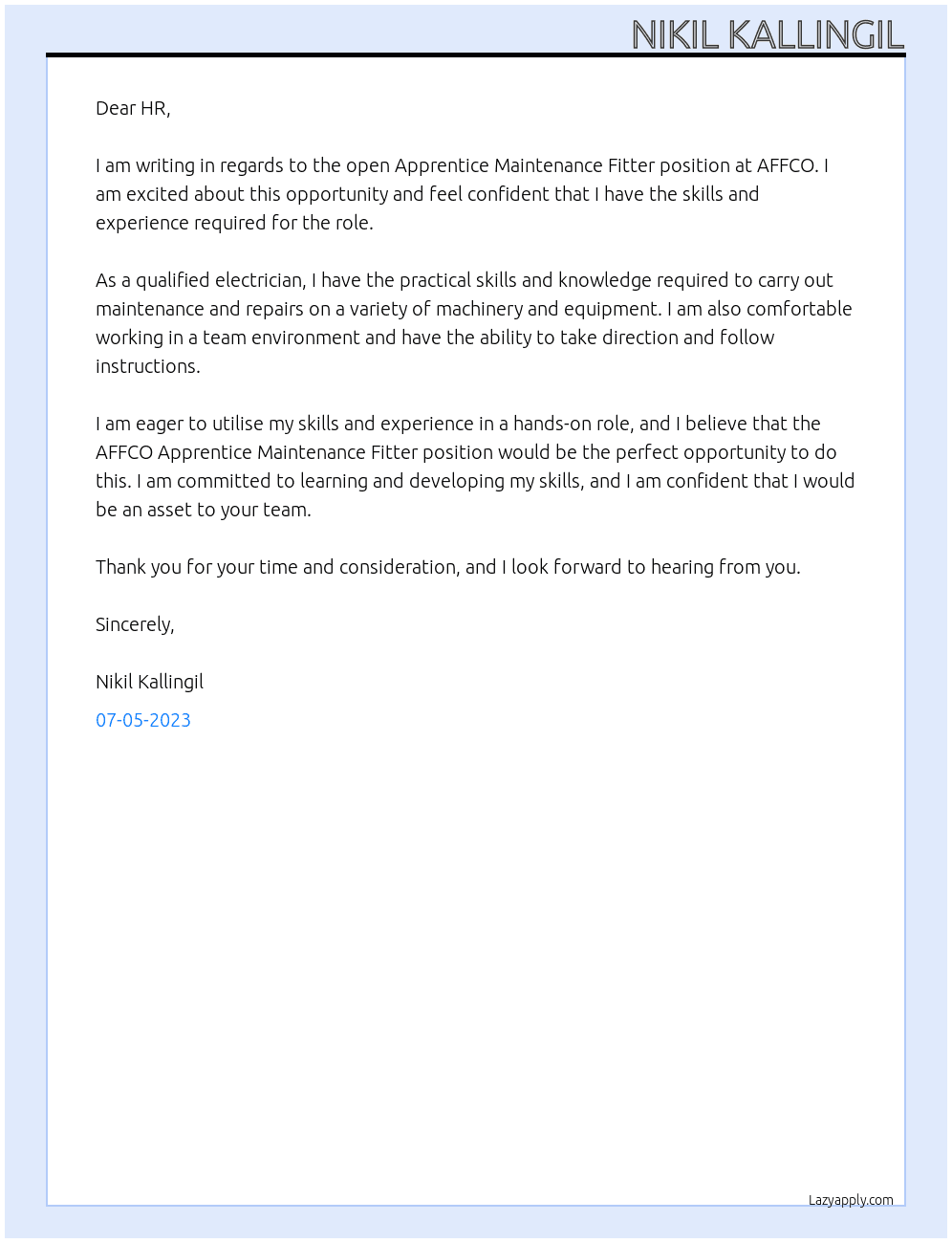 Apprentice Maintenance Fitter At AFFCO Cover Letter