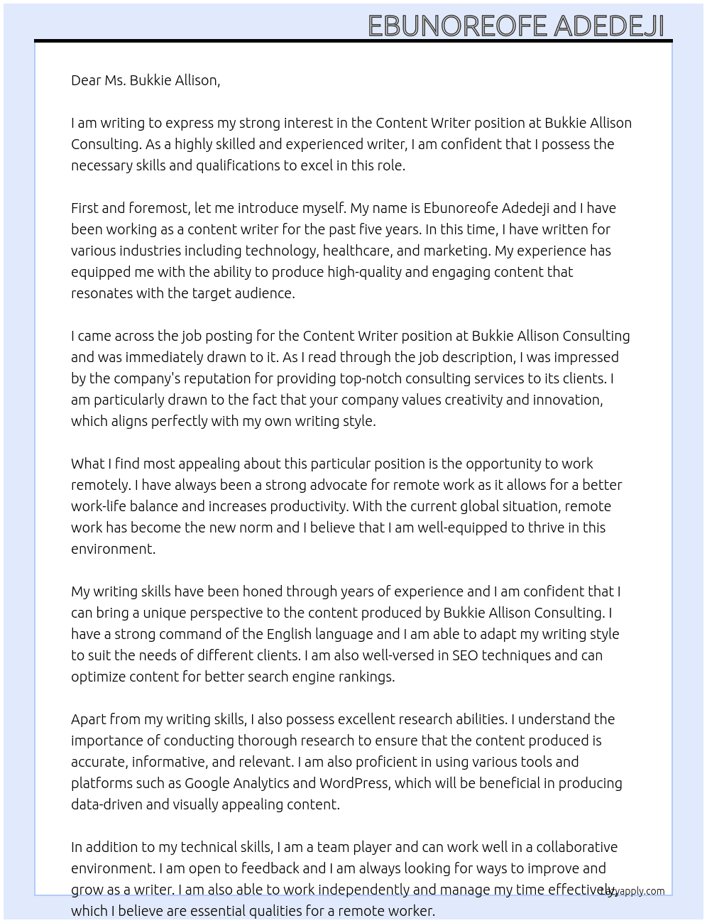 Content Writer At Bukkie Allison Consulting Cover Letter