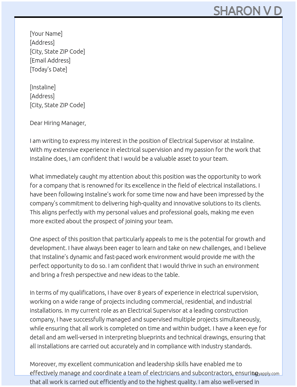 Electrical Supervisor  At Instaline Cover Letter