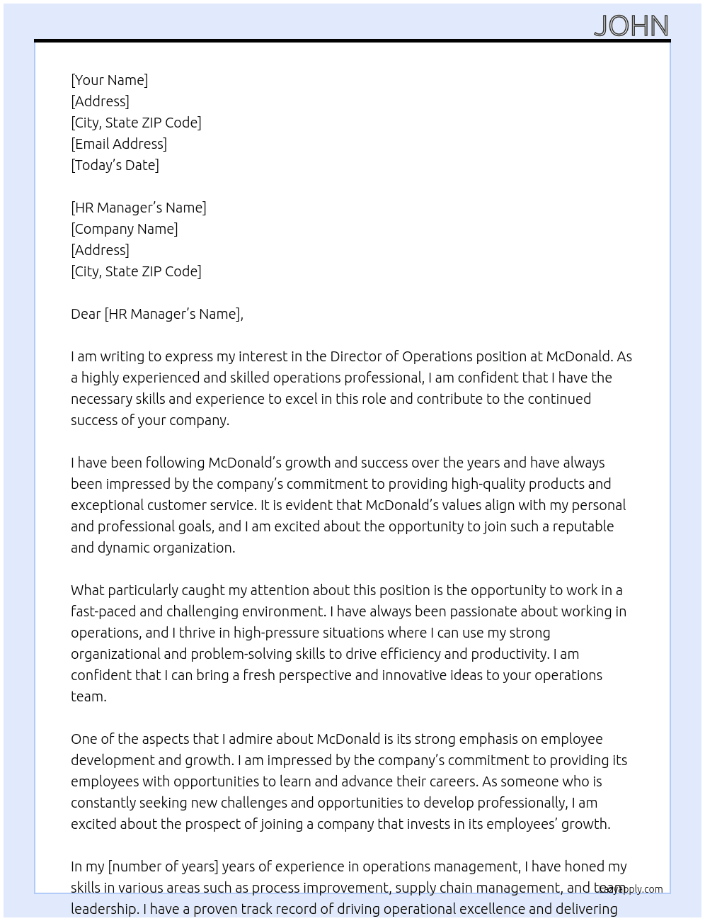 Director of operations  At McDonald Cover Letter