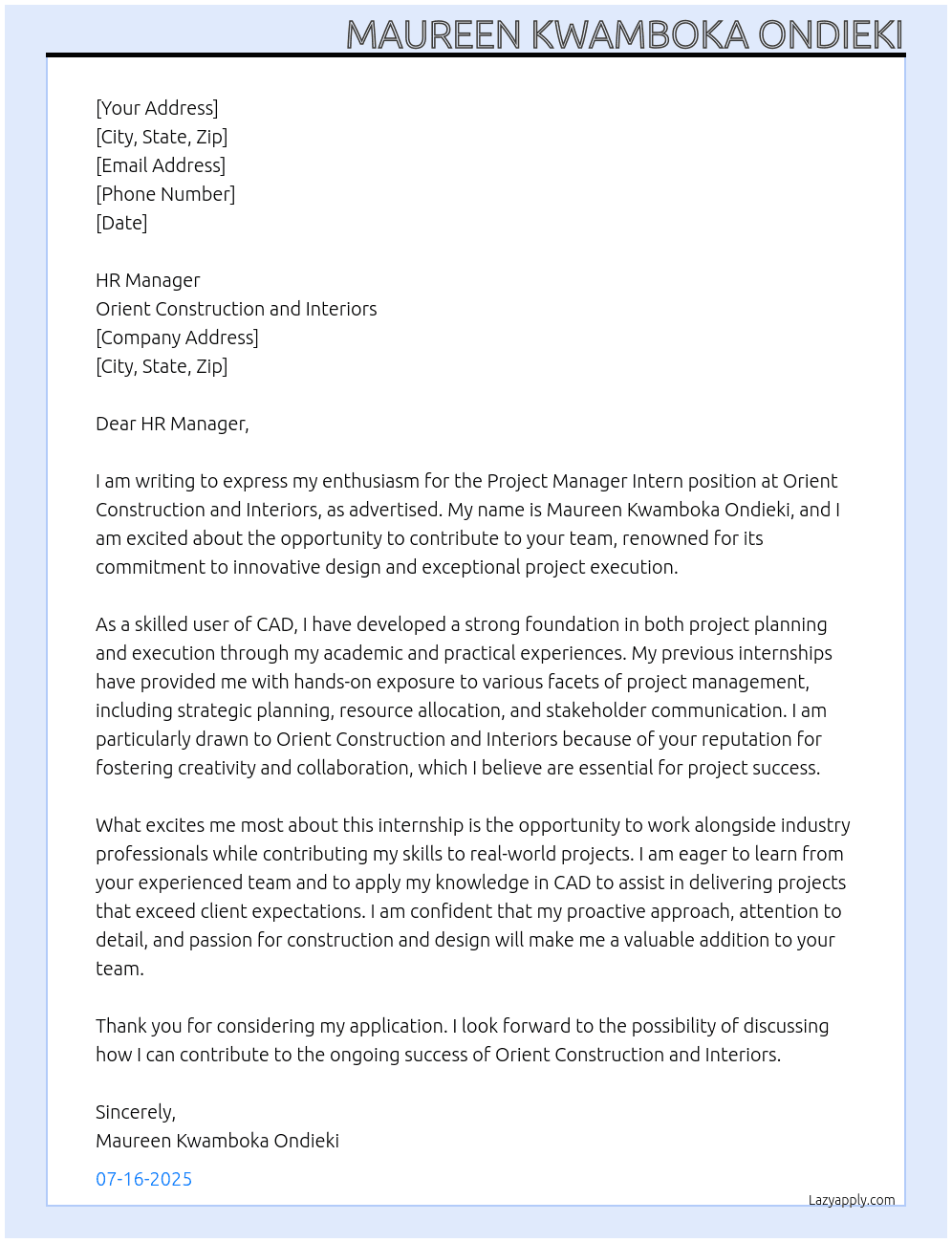 Cover letter for project manager intern - LazyApply