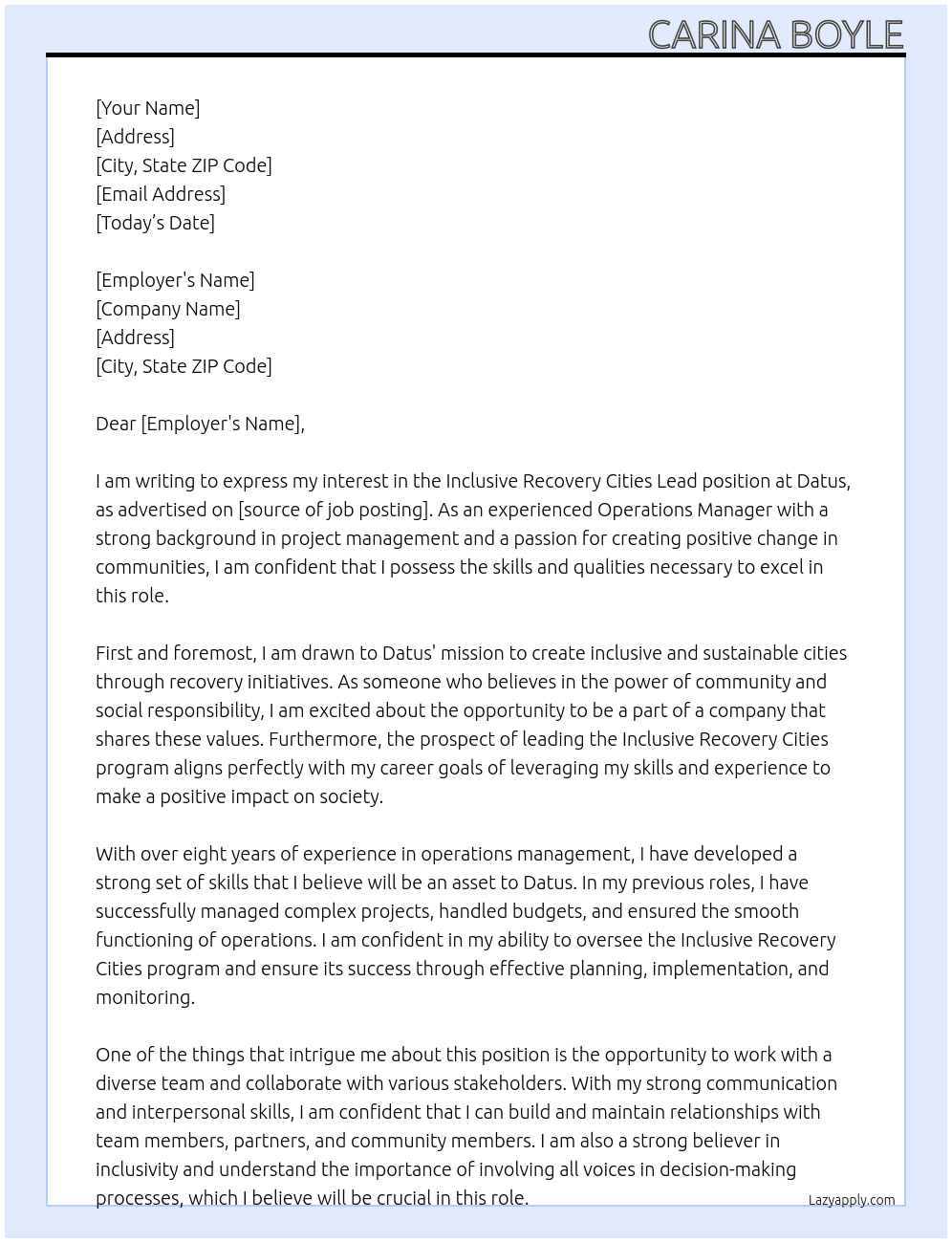 Inclusive Recovery Cities Lead At datus Cover Letter