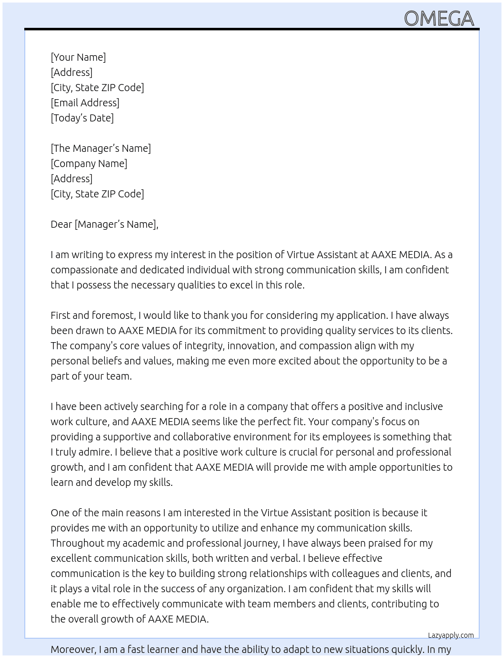 Virtue assistant  At AAXE MEDIA Cover Letter