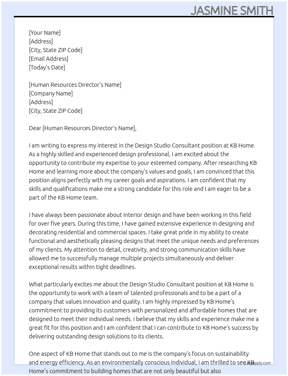 Design Studio Consultant  At KB Home  Cover Letter