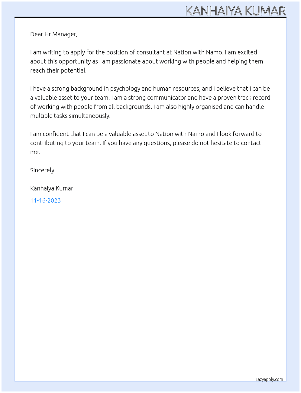 consultancy At nation with namo Cover Letter