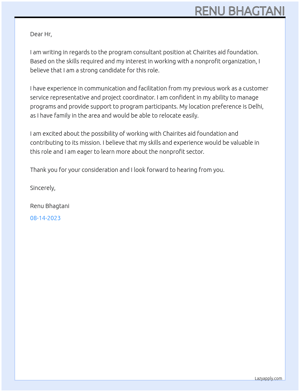 Program consultant At Chairites aid foundation Cover Letter