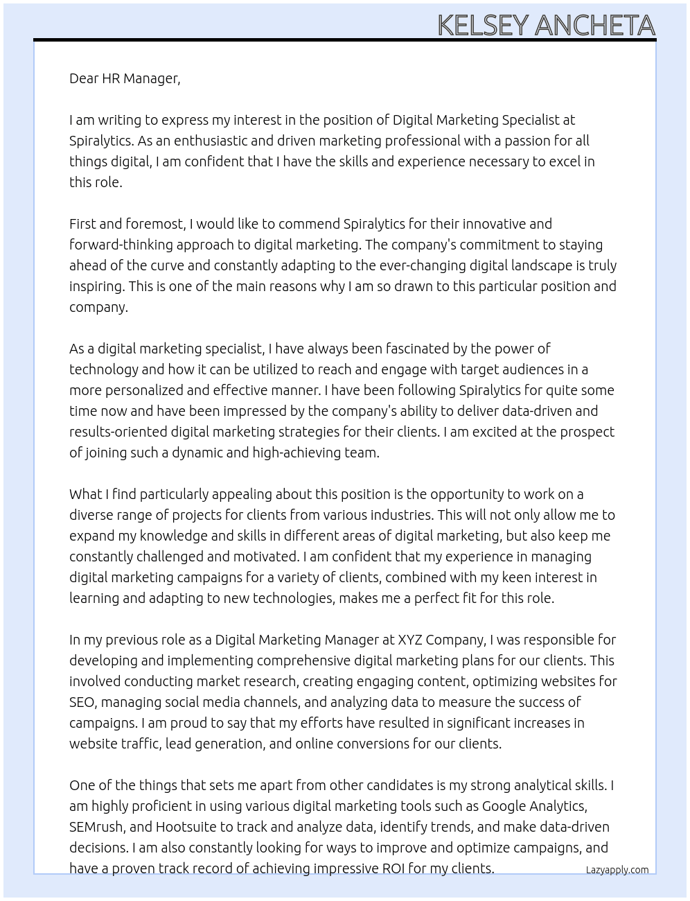digital marketing specialist At Spiralytics Cover Letter