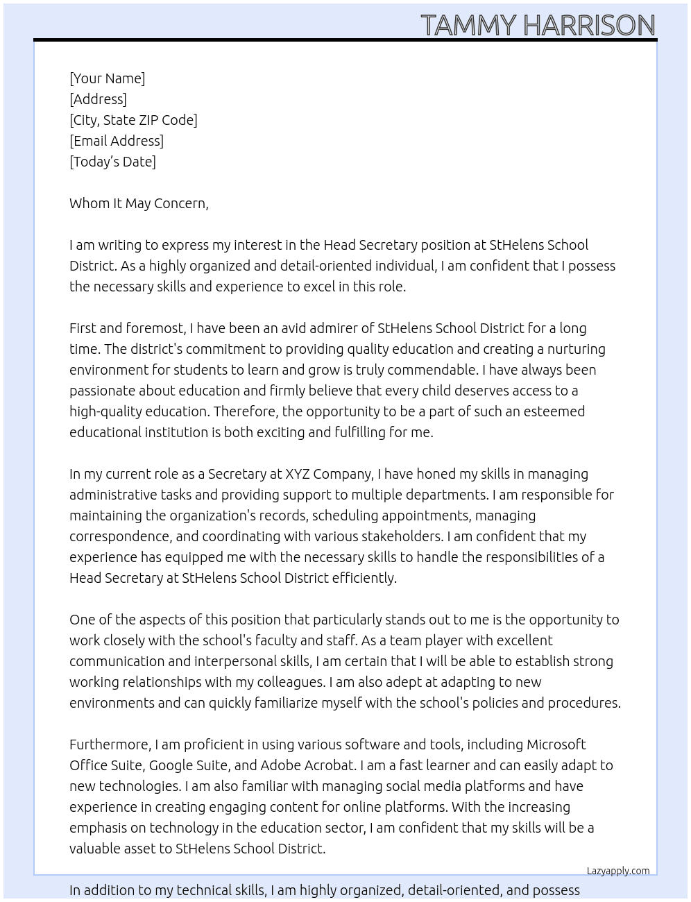 Head Secretary At StHelens School District  Cover Letter