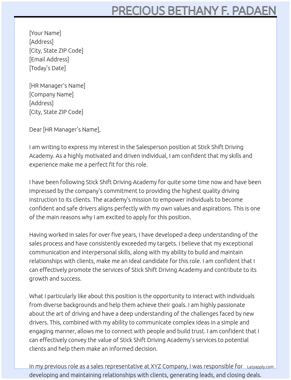Salesperson At Stick Shift Driving Academy Cover Letter