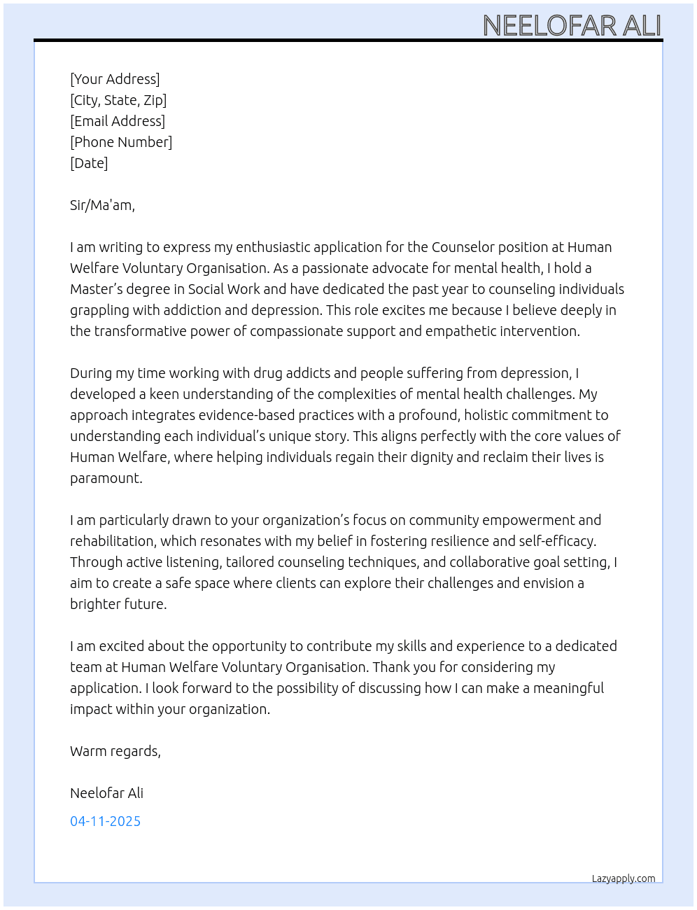 Counselor At Human welfare voluntary organisation Cover Letter
