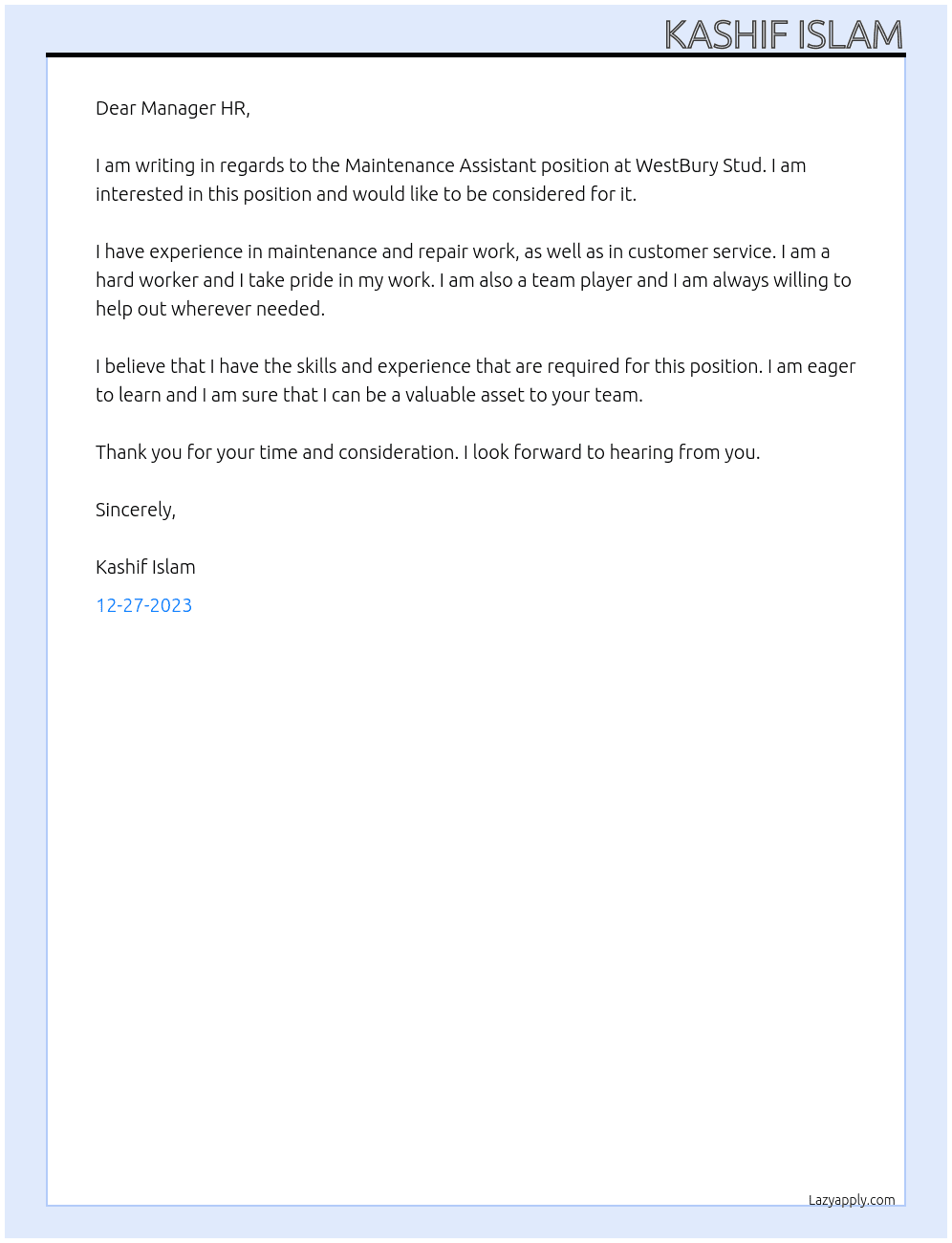 Maintenance Assistant At WestBury Stud Cover Letter