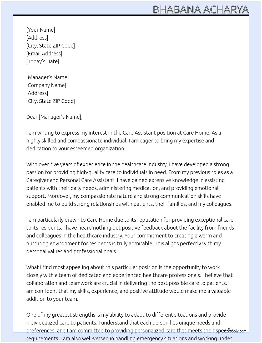 Care assitant At Care home Cover Letter