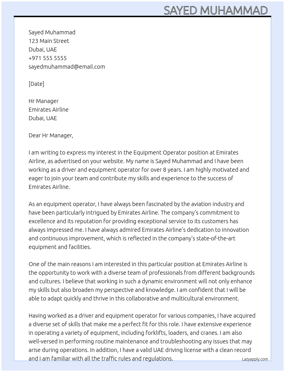 Equipment operator  At Emirates airline  Cover Letter