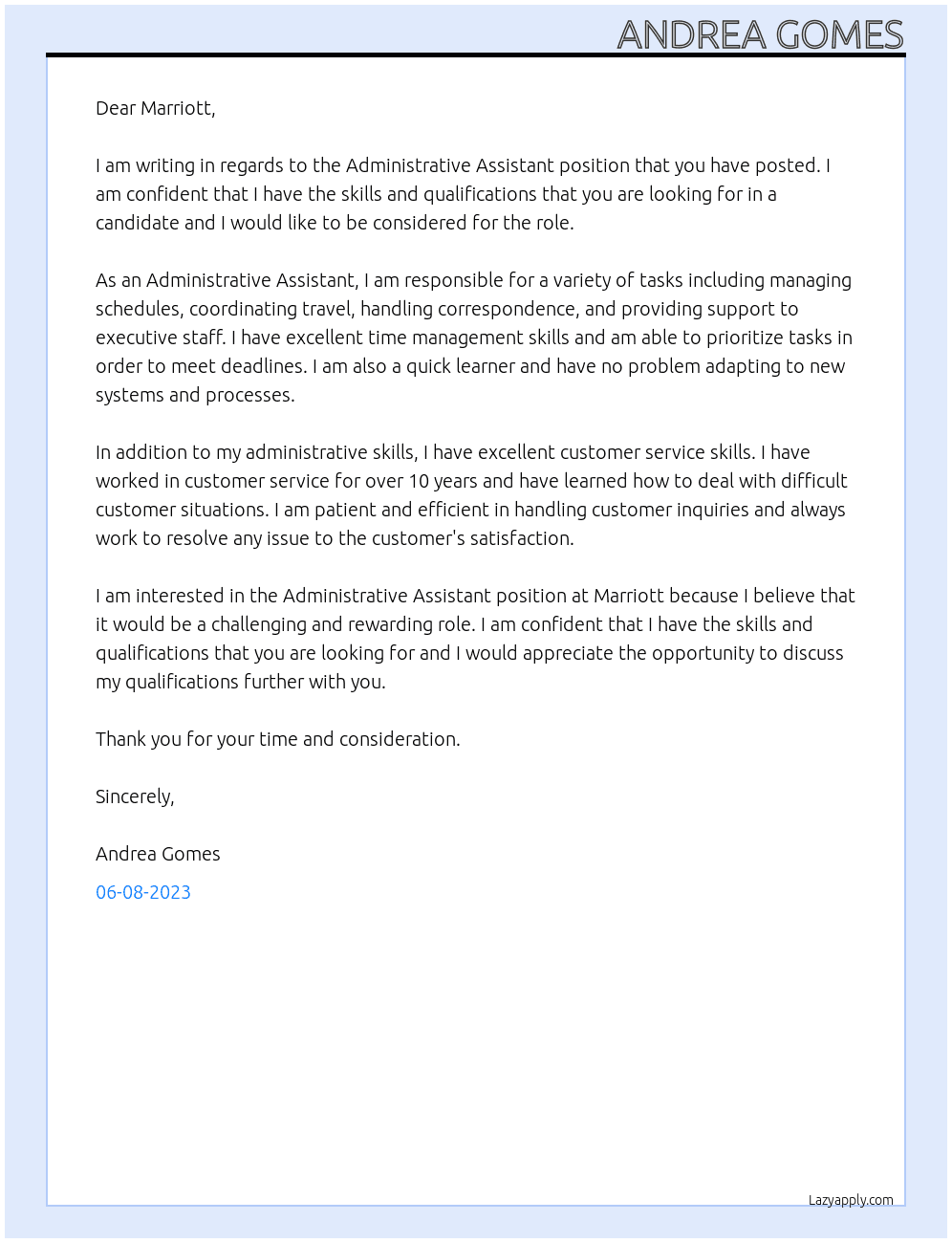 Adminstrative assistant  At Marriot Cover Letter