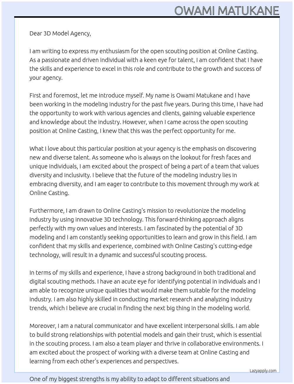 open scouting At Online Casting Cover Letter