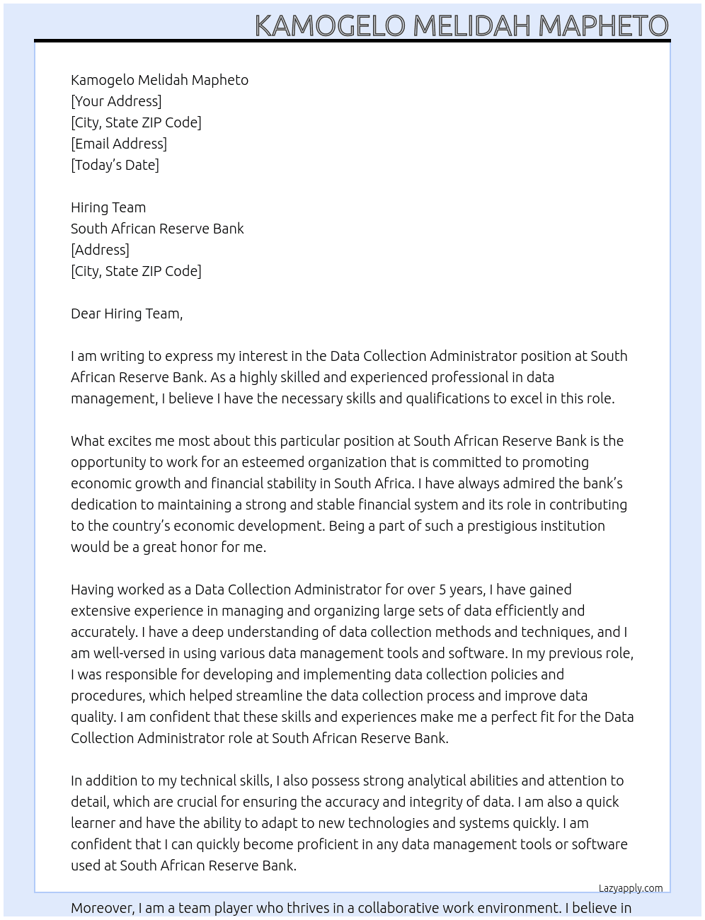 Data Collection Administrator At South African Reserve Bank Cover Letter