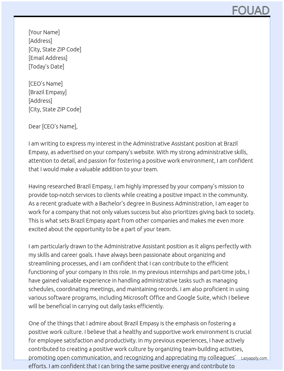 Administrative Assistant At Brazil empasy Cover Letter