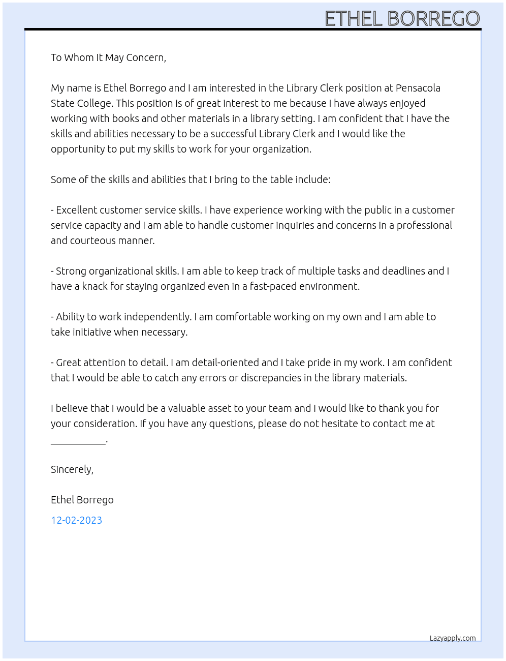 Library Clerk  At Pensacola State College  Cover Letter