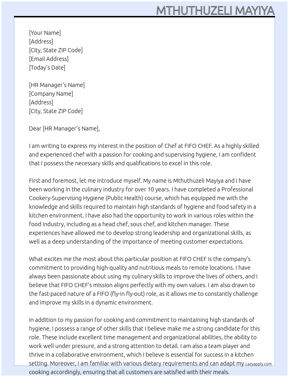 Chef At FIFO CHEF Cover Letter