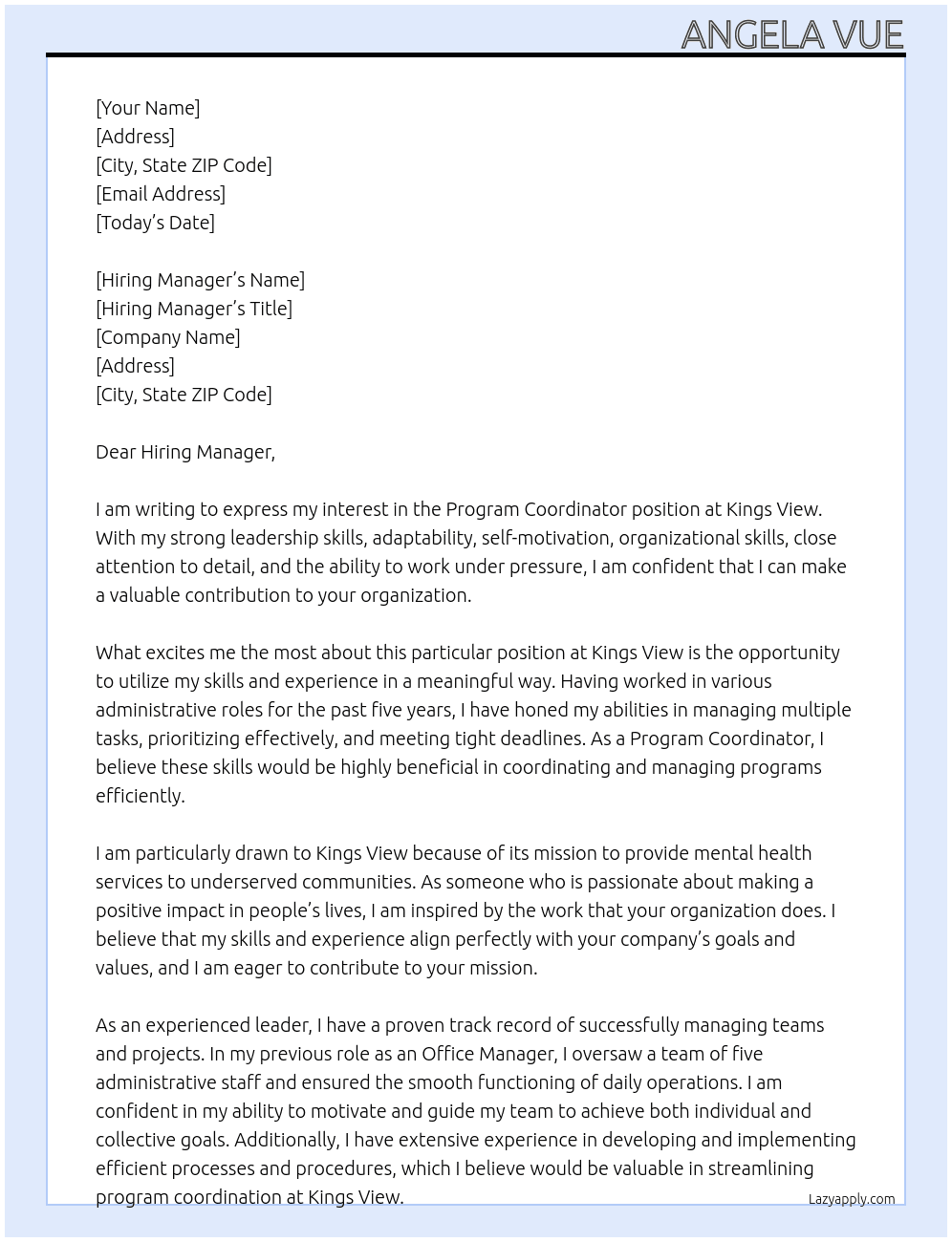 Program Coordinator  At Kings View Cover Letter