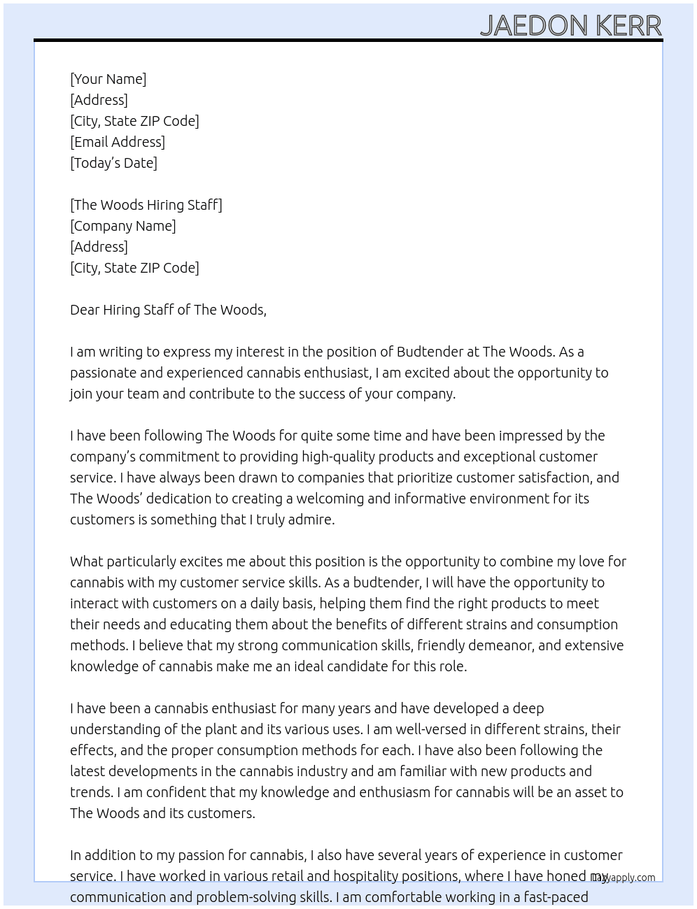 Budtender At The Woods Cover Letter