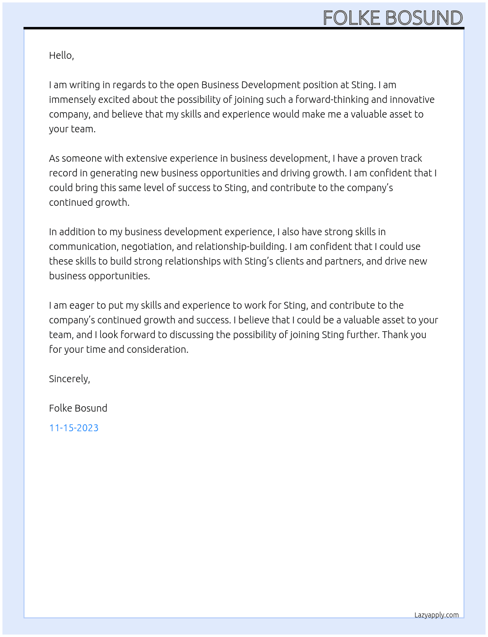 Business development At Sting  Cover Letter
